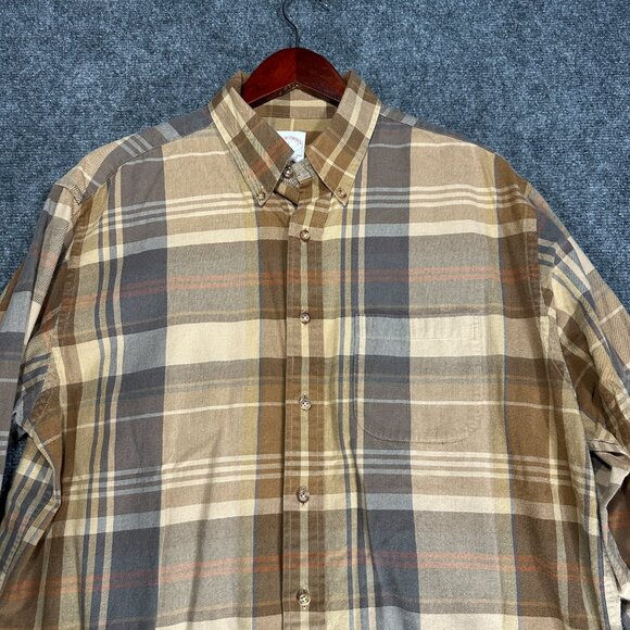 Brooks Brothers Shirt Mens Large Button Down The Original Polo Tan Plaid Flannel - Picture 4 of 7